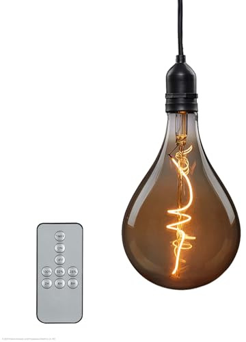 hellum Hängelampe mit Batterie, Fernbedienung Timer outdoor Ø13x27cm | Dimmbare Glühbirne outdoor rauchgrau mit Batterie (4xAA), LED Filament, A130, Retro Birne für Garten, Hochzeit, Balkon 150452