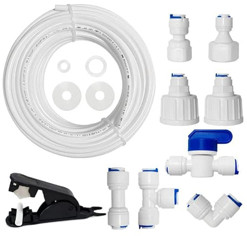 PAROAD 15M Universal Wasserzulaufleitung Anschluss-Set für Kühlschrank,Umkehrosmose Filter,Wasserfilter,Trinkmaschine,Wasserrohr 1/4(6.35mm) (I+T+L Schnellsteckverbinder,Anschlussstück,Absperrventil)