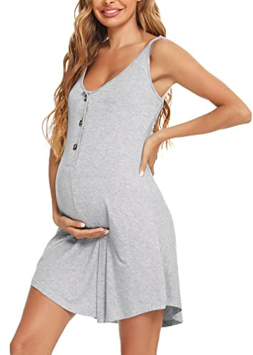 Aseniza Nattlinne Amning Bomull Nattklänning Premamma Vinter Långärmad Gravid Pyjamas Moderskap Klänning för Kvinnor, Grå, L