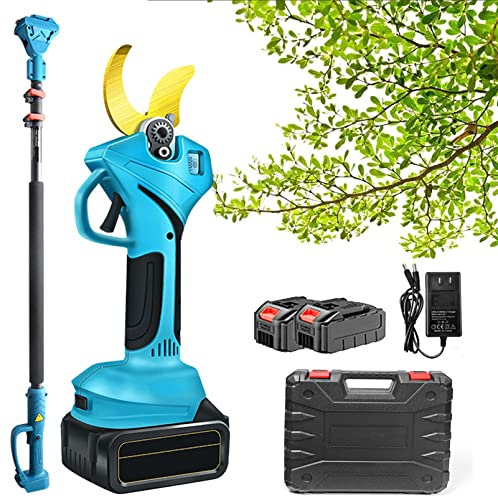 Tijeras de Podar Electricas con Pértiga de Extensión, DiáMetro MáXimo de Poda 60mm, Tijeras de Podar Bateria Profesional con Baterías 2Ah, Sk5 Teflón Blade, para Jardineria, Huerto,2Batterys