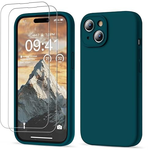 GOODVISH 3 in 1 für iPhone 15 Hülle Liquid Silikon, DunkelGrün | mit 2 Stück Schutzfolie, Upgraded Kameraschutz Soft Mikrofaserfutter Handyhülle Kratzfest Stoßfeste Schutz Case 6.1