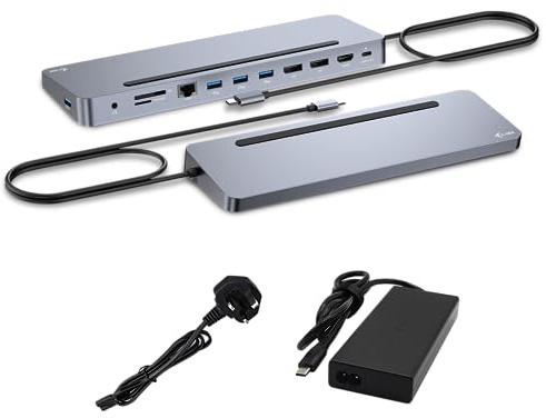 i-tec USB-C Metall Ergonomische Dockingstation 3x4K mit Stromversorgung 100W - 1x HDMI, 2X DisplayPort, 4X USB 3.2 Gen1, GLAN, SD/microSD