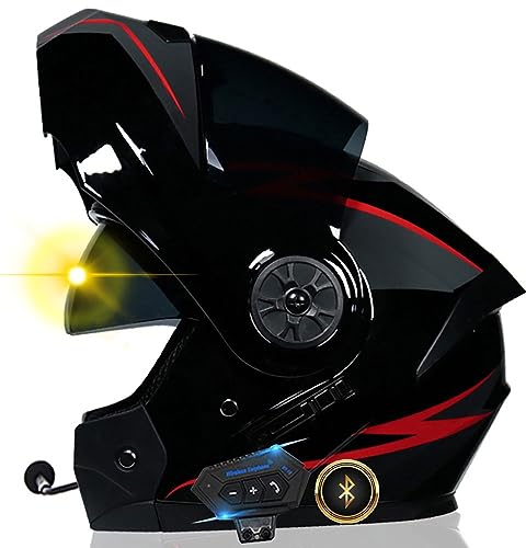 Bluetooth Motorrad Integrierter-Helm mit Doppelvisier, Adults Klapphelm mit Bluetooth, Motorradhelm Vollvisierhelm für Herren und Damen ECE Genehmigt Automatische Reaktion 55-62cm