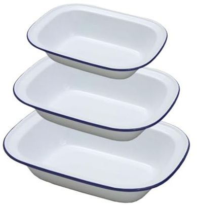 Falcon Enamel Shabby Chic Vintage Style Pie Dish - White with Blue Rim - Set of 3 (Oblong - 16/18/20cm)