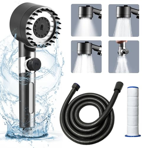Pommeau de douche à économie d'eau, avec tuyau (1,5 m) et 2 filtres, pommeau de douche avec tête de massage, 4 modes, douchette amovible, avec cartouche filtrante de rechange, gris