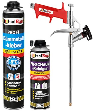 Isolbau B2 Dämmstoffkleber SET - 1 x 750 ml Perimeterkleber, 1 x PU-Schaum-Reiniger & 1x Schaumpistole für EPS & XPS-Platten - 1K PU-Klebeschaum für Dämmung und Isolieren