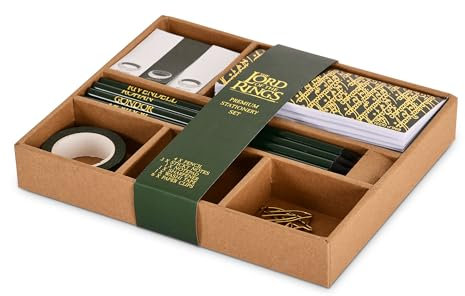 Elbenwald Herr der Ringe Schreibset im Der Eine Ring Design - mit Haftmarker, Mini-Notizbuch, Bleistifte, Anspitzer, Klebeband, Büroklammern - Set 20 x 16,5 x 3 cm - Grün