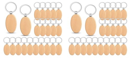 Lckiioy Lot de 100 porte-clés ovales gravés en bois brut non traité, pour cadeau DIY, ovales