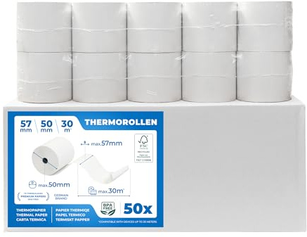 THERMALKING Thermorollen 57mm x 50mm x 12mm - Bonrollen 57x50x12 Thermo - Kassenrollen Thermopapier - Für Registrierkasse mit Bondrucker - Geeignet für Drucksysteme mit Papierbedarf bis 30m (50 Stk)