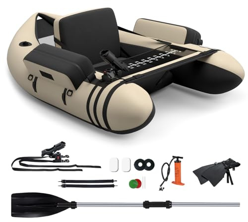 COSTWAY Belly Boat da Pesca Portatile, Gommone Gonfiabile da Pesca con Porta Canne Regolabile, Pompa, Pagaia in Alluminio, Spallacci e Kit di Riparazione, Barca da Mare con 2 Pinne, capacità 160kg