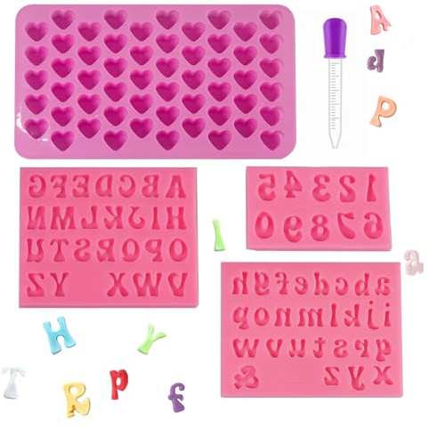 4 Pcs Silicone Letters Numbers Mold, Heart Shaped Silicone Mould,Chocolate Fondant Candle Mould, with 1 Droppers,Biscuit Ice Cube Gummy Making Tray DIY Baking Mold for Cake Dessert Decoration