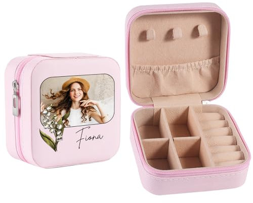 jewelora Schmuckkästchen Klein für Damen Mädchen Personalisierte Schmuckschatulle mit Geburtsblume Alphabet Foto Schmuckkästchen Reise Schmuck Organizer Schmuckaufbewahrung Frauen Geschenke (E)