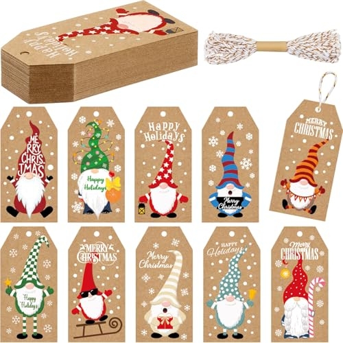 Zonon 50 Pieces Christmas Name Gift Tags with Strings Bulk 10 Styles Paper Xmas Gifts Tags for Presents Gift Name Hanging Ornament Wrapping Supplies Xmas Tree Decoration(Various Gnome)