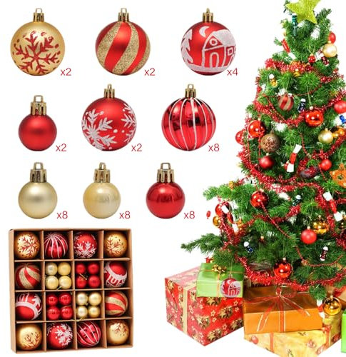 Mayfun 44 Stück Weihnachtskugeln Gold Rot, Weihnachtsbaumschmuck Kunststoff Set mit Aufhängen, Christbaumkugeln Deko Weihnachten, Weihnachtsdeko Aussen Innen, Mehrweg