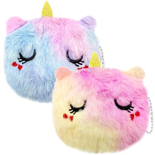 Lot de 2 Porte-Monnaies en Peluche, Petite Porte-Monnaie Fille | Sac à Monnaie en Peluche Cartoon avec Fermeture Éclair | Cadeau pour Femmes Filles et Enfants(Plissant Les Yeux, Violet et Rose Rouge)