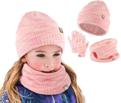 BSLVWG Kinder Winter Beanie Hut Schal Handschuh Set, Kinder Winter Warm Strick Set Thermische Kappe mit Nackenwärmer Handschuhe Weiche Hut Schal Mitten für Kleinkind 2-8 Jahre alt