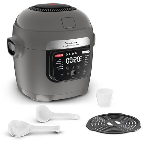 Moulinex Multicook & Fry, multicuiseur et air fryer intégré, 12programmes, Cuisson sur 2 niveaux, Départ différé, Capacité 6L, Gris Hippo, MZ730BF0
