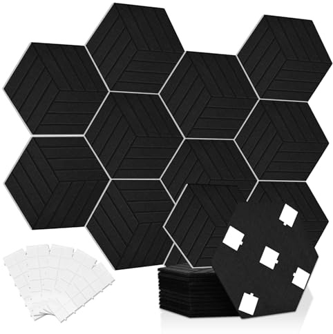 Panneaux Acoustiques Hexagonal Auto-Adhésif, 12 Pack Mousses Acoustiques - Pour Studio d'enregistrement, Bureau, Studio et Décoration Murale, 30.5 X 25.4 X 1cm, Noir