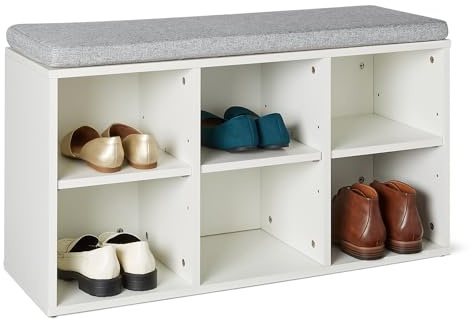 Amazon Basics Banco para Guardar Zapatos con Cojín, Zapatero con 6 Compartimentos, Estantes Ajustables, para la Entrada, 87 x 30 x 48cm, Blanco