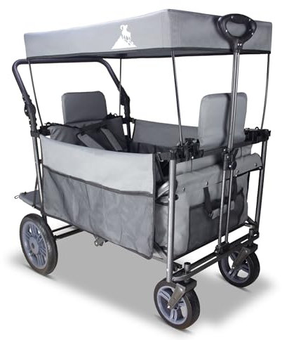 TOPWELL Folding Wagon, Portable Camping Cart, Collapsible Foldable Trolly with Quick-release Big Wheels, Collapsible Pull along Wagon 265LB, 2 Seats, Adjustable Handle (Grey)