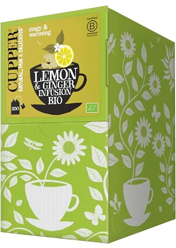 CUPPER Limone e Zenzero Infuso Bio Formato Maxi 250 Bustine | Formato convenienza per casa, ufficio e catering, tisana biologica, digestiva, filtri biodegradabili non sbiancati