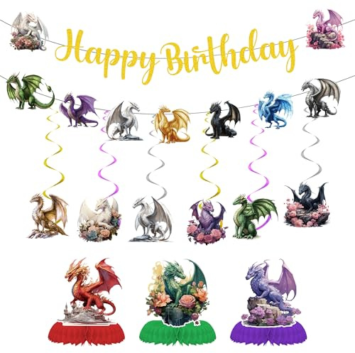 Dragon Birthday Party Decorations Banner - 11 Pcs Glitter Yellow Happy Birthday Banners Cute Dragon Hanging Swirls Honeycomb Centerpieces Decor for Dinosaur Baby Shower Party Supplies