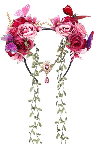 MOSTORY Rosen Feenkrone für Renaissance Frauen Cosplay Woodland Flower Kopfschmuck mit Schmetterling und Rebe für Fotoshooting