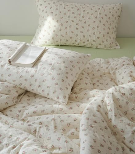 AShanlan Ensemble de literie double en mousseline 220x240 cm en coton motif fleurs roses - Ensemble de literie certifié OEKO-TEX - 1 housse de couette 220x240 cm et 2 taies d'oreiller 80x80 cm avec