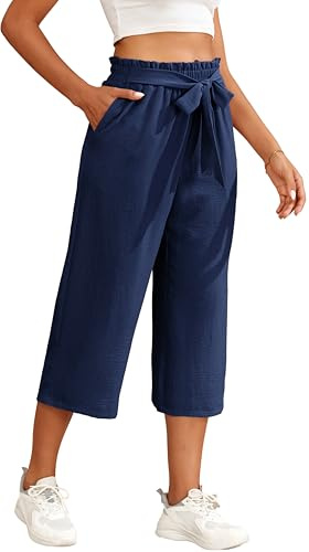 WUWUSKY Pantacourt Large Femme Taille Haute Pantalon Capri D'été Jambes Larges Fluide Élégant Décontracté avec Poches Profondes Ample Léger Respirant