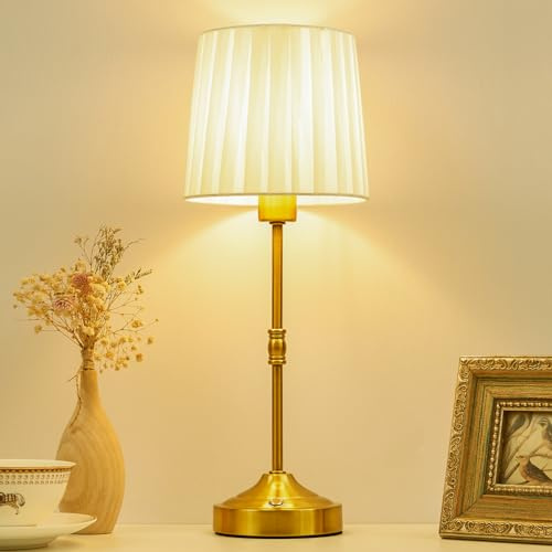 SAIWEYA Cordless Table Lamp, 5200mAh Battery Operated Rechargeable Table Lamp, 41cm Dimmable Led Touch Lights, Gold with Fabric Shade, 3000K for Living Room, Dining, Bathroom