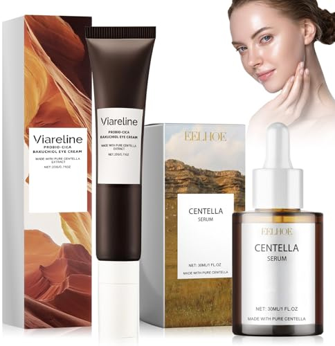 2 Piezas Centella Contorno de Ojos + Centella Asiatica Serum, Contorno de Ojos Coreano con Bakuchiol, Control de Grasa, Hidratación, Contra Bolsas y Ojeras, Arrugas