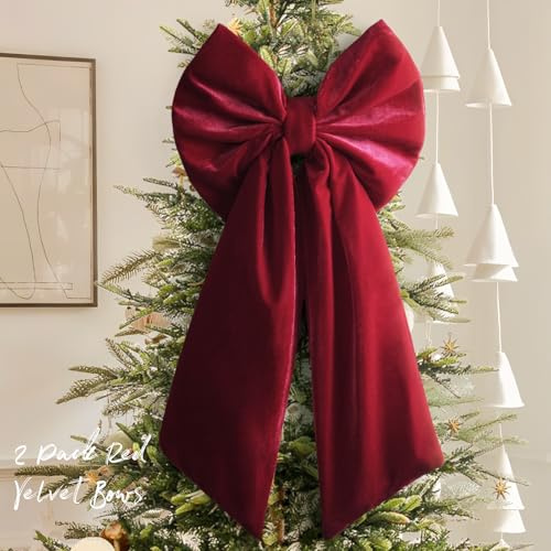 Christmas Decorations - Christmas Bows - 2 Pack 36x18 Inches Large Red Velvet Christmas Tree Topper - Burgundy Ribbon Gift Bows - Xmas Decor for Indoor Outdoor Home Wreaths Mantle Front Door Wedding | Christmas Tree Topper, Burgundy Velvet Bow, Indoor Outdoor Christmas Decor for Front Door, Wreaths, Mantel, Porch, Wedding