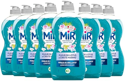 Mir Liquide Vaisselle Fleur de Lotus & Criste Marine – Lot de 8 x 450ml – Dégraissant Puissant, Fraîcheur de Lotus et criste marine, Nettoyage Efficace