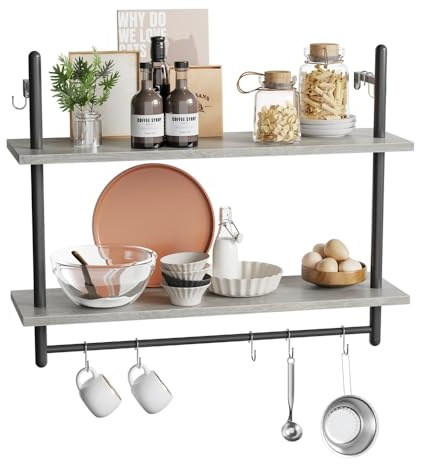 Bestier 80 cm 2-stufiges schwebendes Rohrregal, industrielles wandmontiertes Leiterregal mit Rundrohr und Haken, Holzregal für Dekoration und Aufbewahrung (Grau, 80CM)