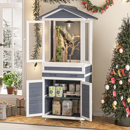 67 Gallon Wooden Tall Reptile Tank, Large Reptile Enclosure for Bearded Dragon Gecko Lizard Chameleon Cage,Terrarium Habitat with Storage Cabinet, Ventilation Mesh, Cable Holes, Wheels