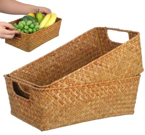 Housoutil 2 Stück Handgeflochtene Weidenkörbe 30X20X10cm Brotkorb Snack Organizer Multifunktionaler Aufbewahrungskorb für Küche Obst und Snacks Dekorativer Tisch Organizer