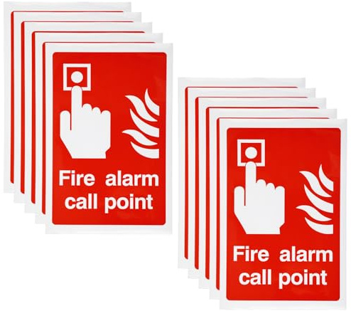 Tabanzhe 10 Pcs Fire Alarm Call Point Safety Signs – 150mm x 100mm Portrait PVC Vinyl Self-Adhesive Stickers, Weatherproof Fire Safety Signage for Indoor and Outdoor Use