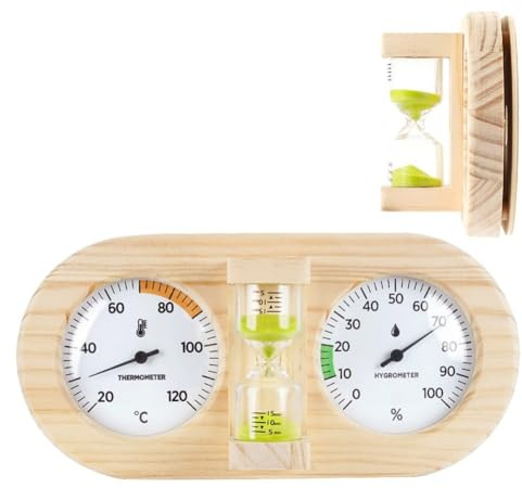 Thermohygromètre de sauna avec boîtier en bois de pin pour la surveillance de la température et de l'humidité, 20-120 °C ± 2 °C, 0-100 % RH ± 5 %, hygromètre mural avec minuteur sablier de 15 minutes