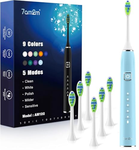 7AM2M Brosse à dents à ultrasons pour adultes et enfants, 6 têtes de brosse, rechargeable de type C, 120 jours d'autonomie, 5 modes, 40 000 VPM, minuterie intelligente de 2 minutes, bleu clair