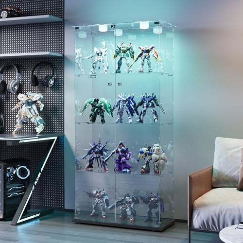 Zorvani Glasvitrine Standvitrine mit LED, Glasvitrine Stehend mit 4 Lagen Glas, Vitrinenschrank 2 TüR & Schloss Vitrine Glasschrank für Wohnzimmer Büro Sammlerstücke (Schwarz+LED 2, 4 Etagen, 2 Tür)