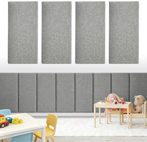 Yunlaishaocer Lot de 4 panneaux muraux rembourrés, 40 x 20 cm, autocollants, rectangulaires, décoratifs, coussins muraux pour tête de lit, chambre d'enfant, chambre à coucher et bureau, gris clair