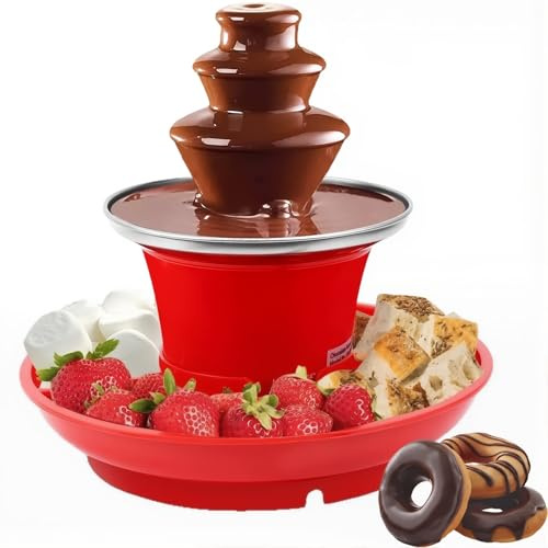 Mini Fuente de Chocolate, Juego de Fondue Eléctrica Portátil de 3 Niveles con Bandeja para Servir y Tenedores, Ideal para Mojar Frutas, Nueces en Chocolate, Queso, Salsa de Caramelo Marrón Red
