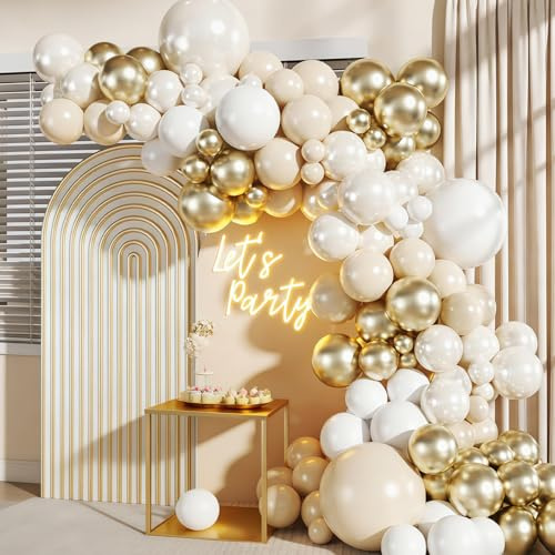 Flintronic Kit Arco Globos Oro Blanco, 196pcs Guirnalda de Látex con Oro Blanco Albaricoque, para Niños, Compromiso, Decoración de Cumpleaños, Baby Shower, Boda, Graduación