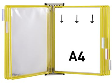 Djois, 414604 - Magnetiskt väggpresentationssystem A4 porträtt - 10 anti-reflekterande PVC-svängbara fickor - professionell biljettdisplay, industri, lager, butiker, kontor - gul