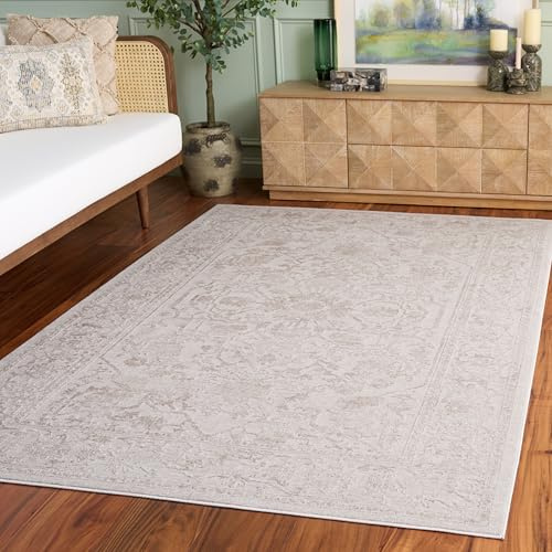 SAFAVIEH Zeitgenössische Teppich für Wohnzimmer, Esszimmer, Schlafzimmer - Reflection Collection, Kurzer Flor, Creme und Elfenbein, 152 X 229 cm