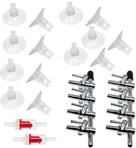 Waycreat 2pcs 4 Way Aquarium Air Flow Control Lever Valve Fish Tank Splitter, 2pcs Non-Return Check Valve, 12pcs Suction Cups