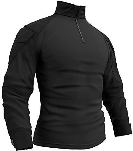 Memoryee Hombre Militar Táctico Camisa Manga Larga Combate Camiseta Slim Fit Camuflaje con Cremallera 1/4 y Bolsillos/Black/M