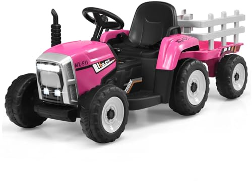 HONEY JOY Ride On Tractor with Trailer, Toddler 3-Gear-Shift Ground Loader, LED Lights, Horn, Music, 12V Battery Powered Electric Toy Tractor with Remote Control (Pink)