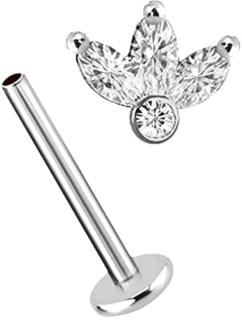 Ohr Piercing Labret Stecker in 1,2 x 6 mm und Blume mit DREI Steinen