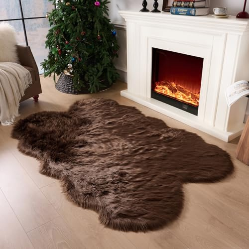 CKLZSAY Fluffy Faux Fur Rug Coffee Sheepskin Area Rug,4x6 Ft Ultra Soft Shaggy Plush Rug for Bedroom Bedside Living Room Nursery Kids Room